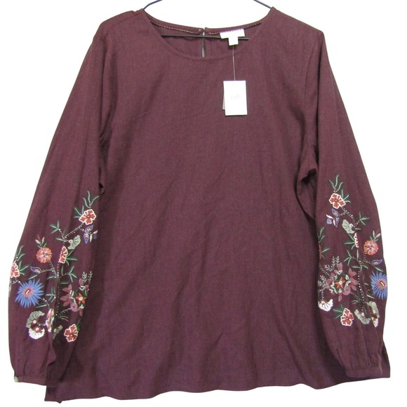 J. Jill Tops - J. Jill Blouse Womens Large Burgundy Excellent Embroidered Beaded Linen Blend